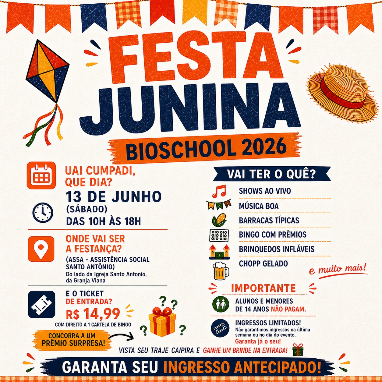 Festa Junina, 13 de junho de 2026 - Bioschool: Adquira seu ingresso!