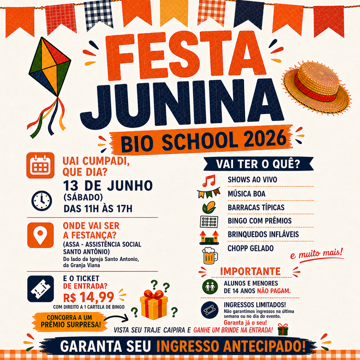 Festa Junina, 13 de junho de 2026 - Bioschool: Adquira seu ingresso!